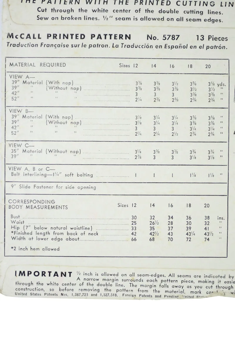 1944 Vintage McCall 5787 Dress Sewing Pattern