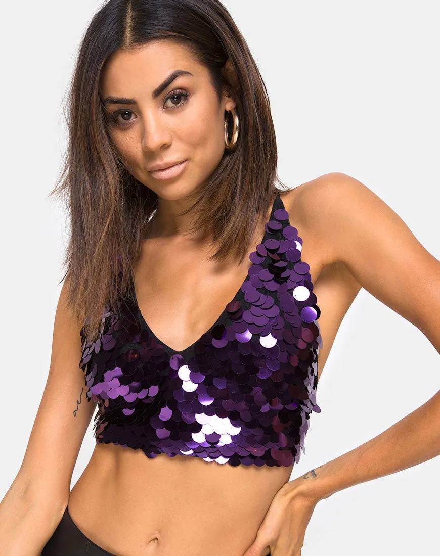 Angel Crop Top in Plum Disc Sequin