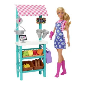 Barbie Farmers Market Playset, Barbie Doll (Blonde), Market Stand, Register, Vegetables, Bread, Flowers & More, 3 & Up