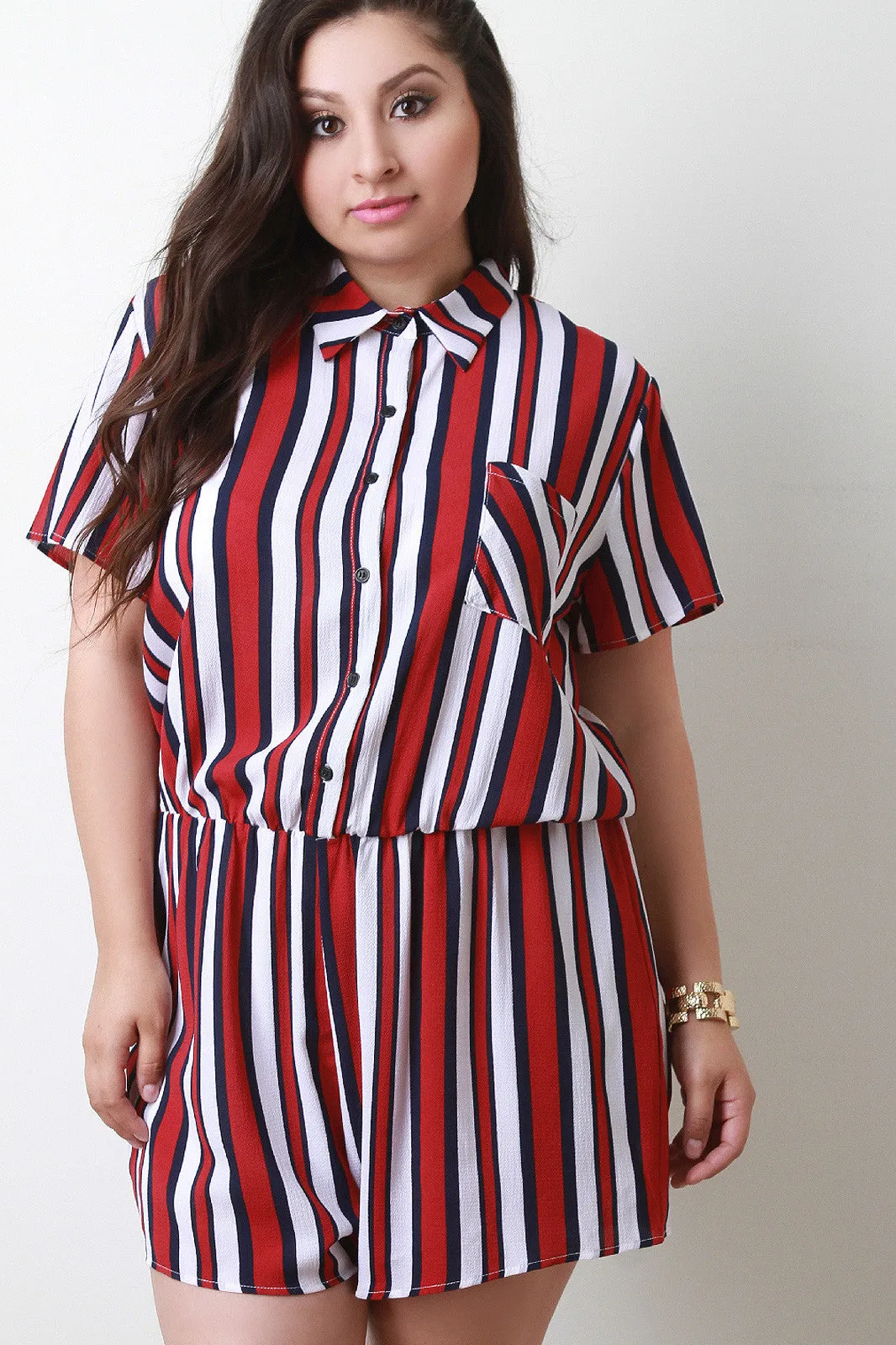 Chiffon Striped Button-Up Short Sleeve Romper