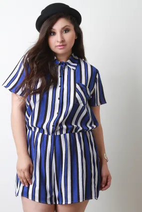 Chiffon Striped Button-Up Short Sleeve Romper