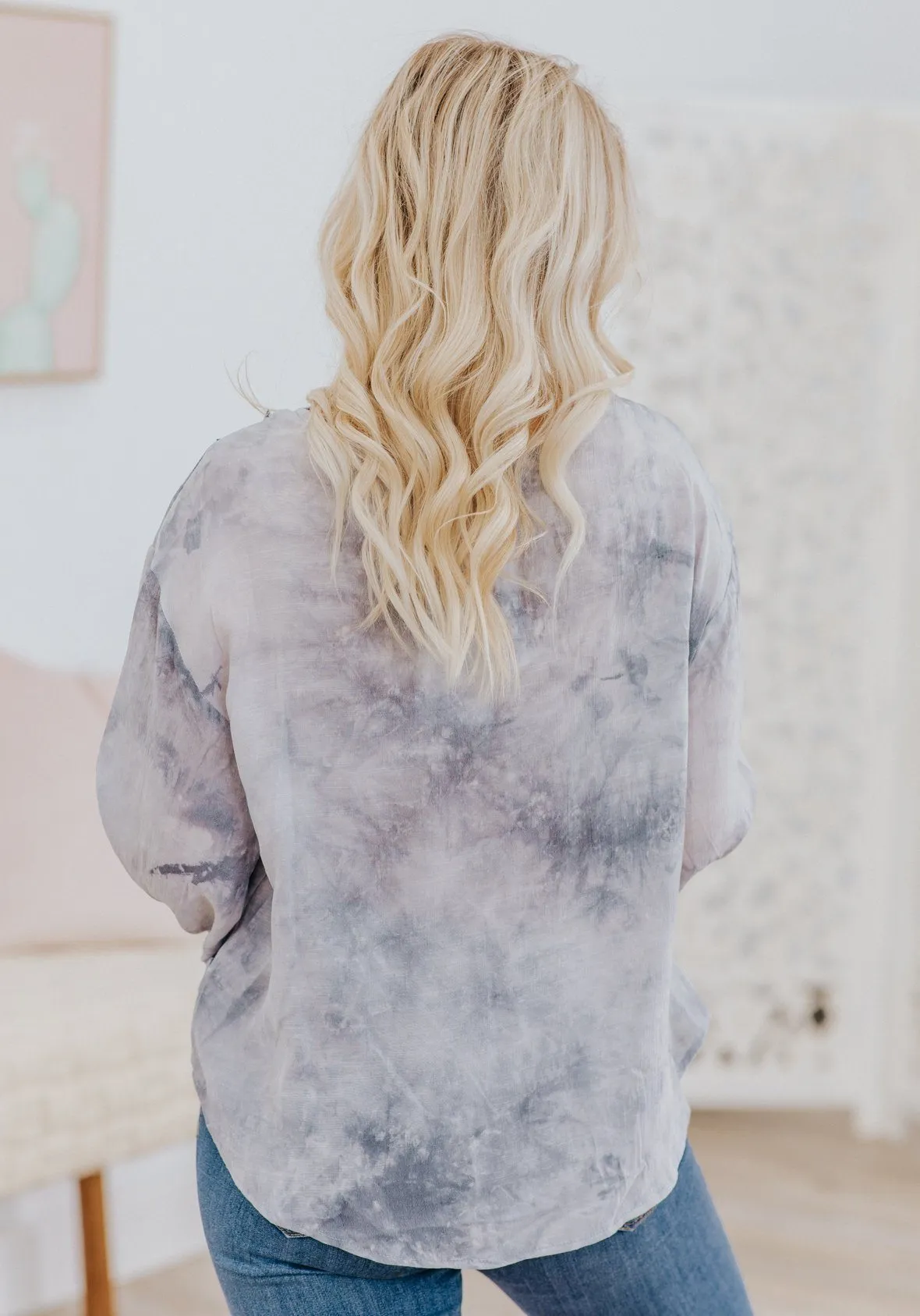 Find Our Direction Tie Dye Crochet Detail Long Sleeve Top in Slate Blue