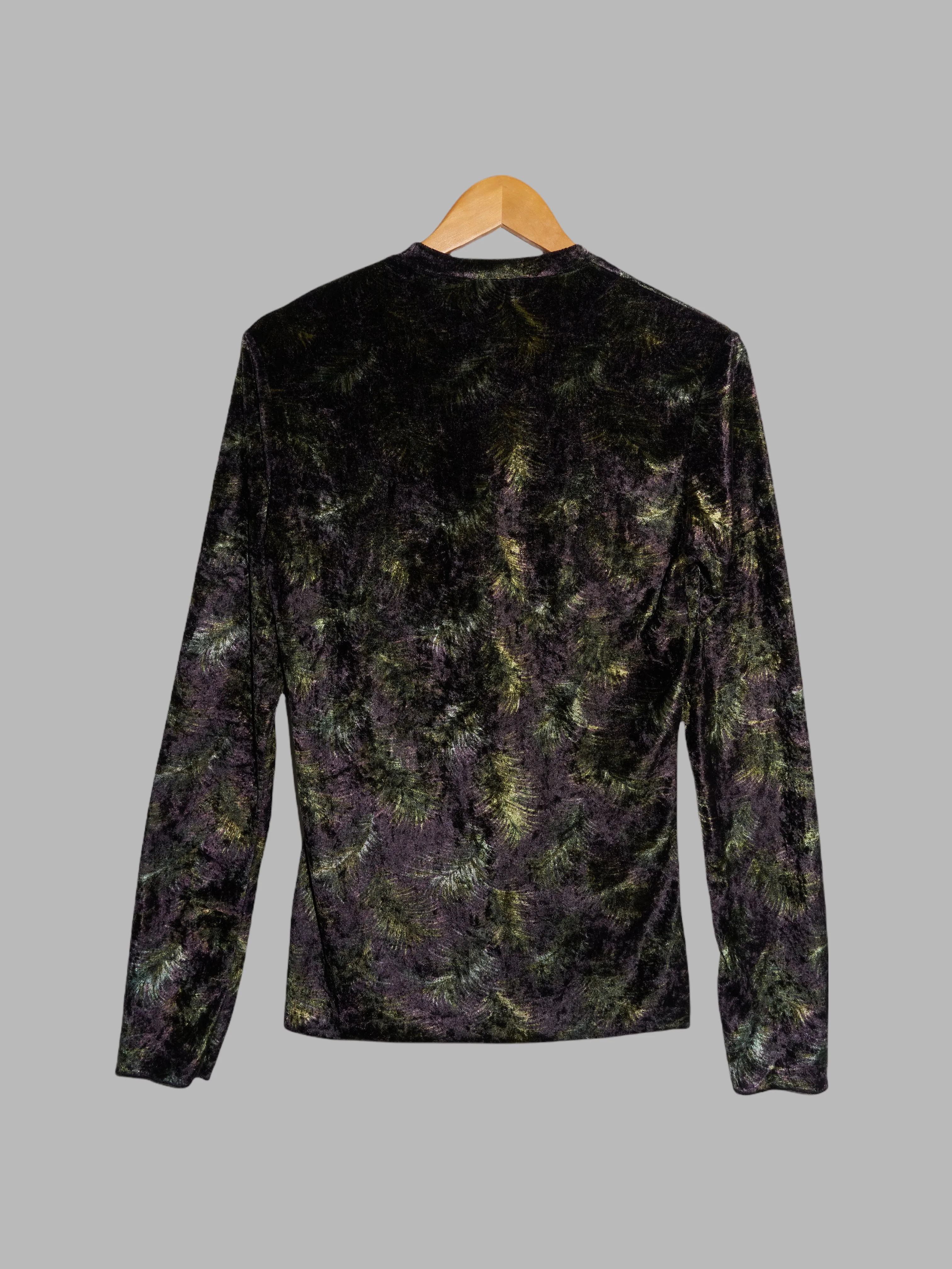 Jean Colonna black green purple feather print velour v-neck long sleeve top - S