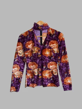 Jean Colonna orange and purple floral print velour front cut out mock neck top