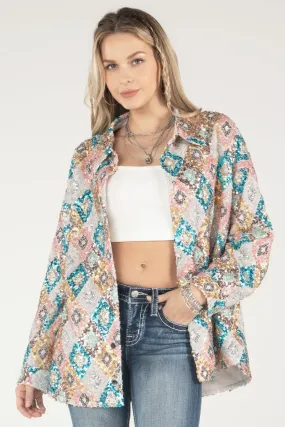 Long Sequined Button Up Top