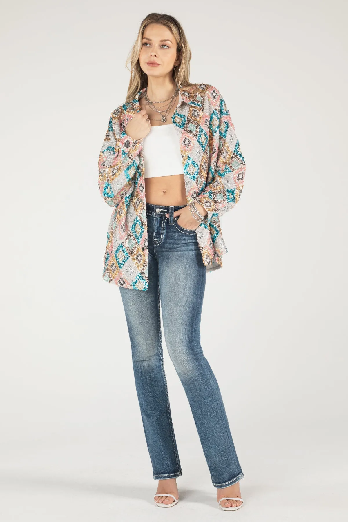 Long Sequined Button Up Top