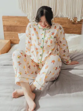 Long Sleeve Cotton Bear Print Crepe Pajama Set