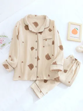 Long Sleeve Heart & Bear Print Pajama Set