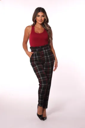 Paperbag Waist Knit Crepe Pleat Pants With Buckle Belt - Black, Red, Yellow Plaid