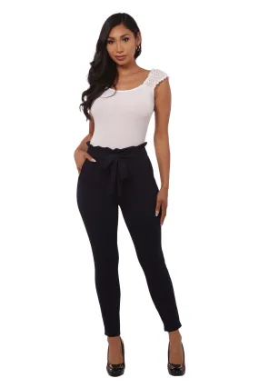 Paperbag Waist Slim Fit Pants With Self Tie - Navy