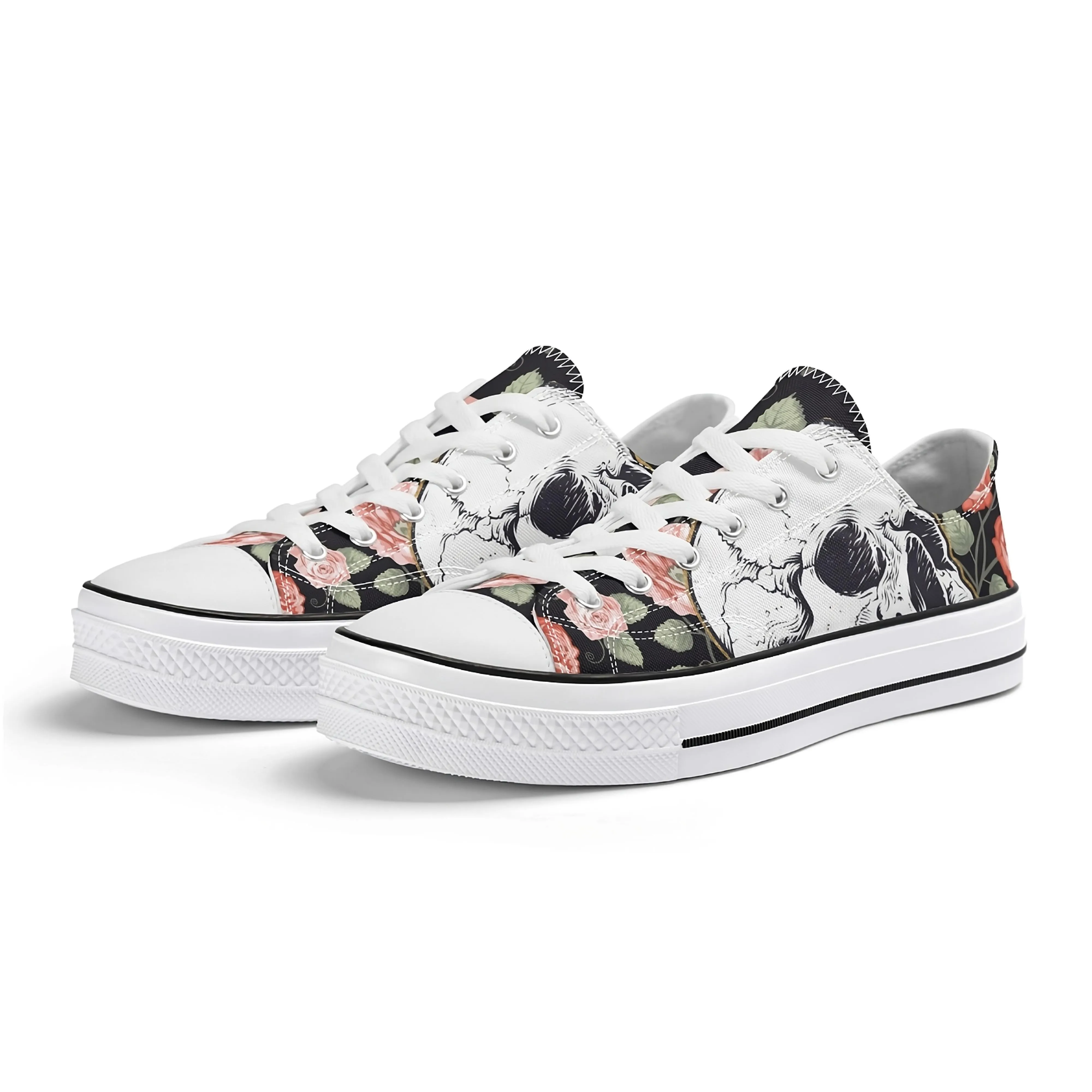 Skull & Roses Pattern - Womens Classic Low Top Canvas Shoes for Footwear Lovers