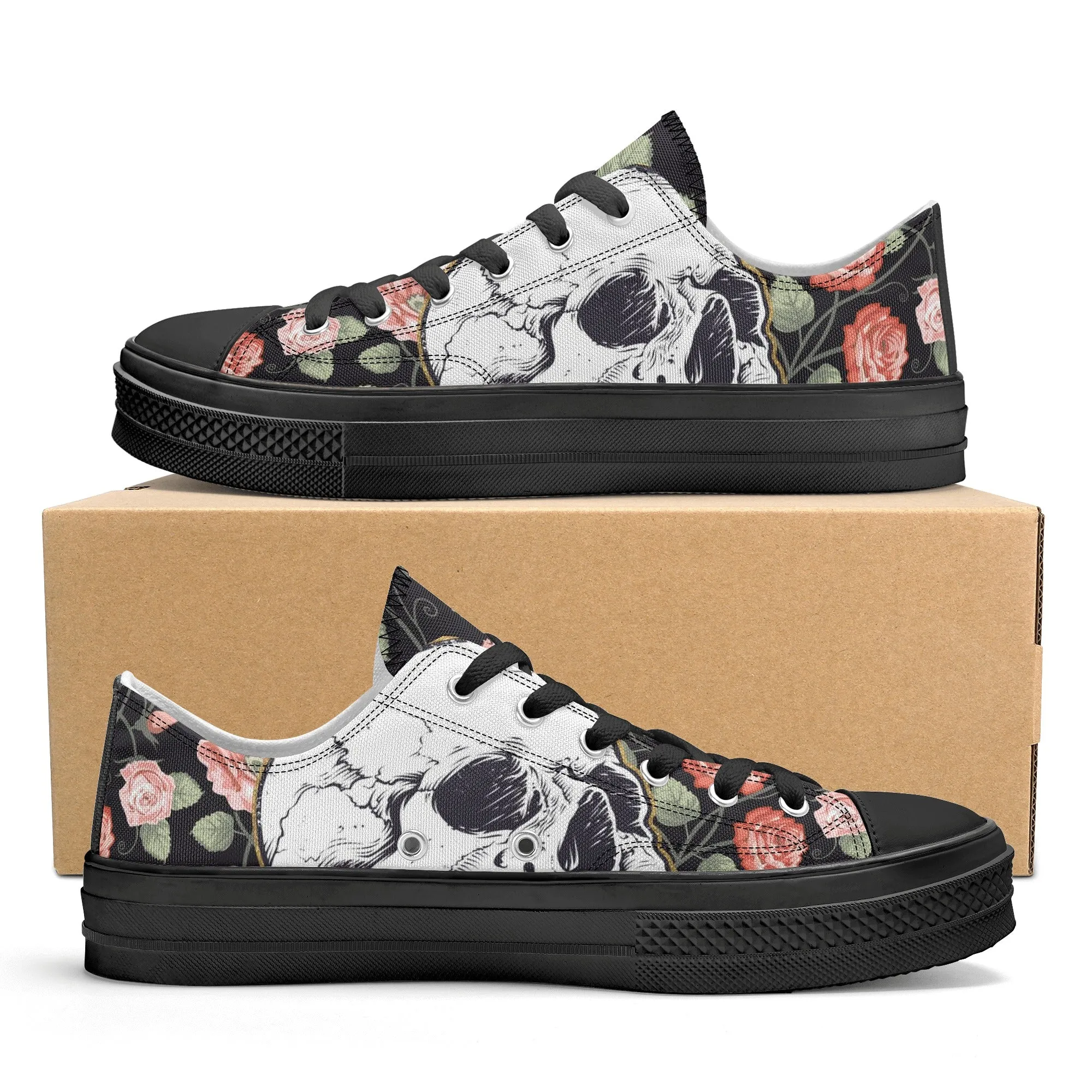 Skull & Roses Pattern - Womens Classic Low Top Canvas Shoes for Footwear Lovers