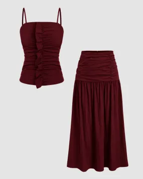 Square Neck Solid Trim Cami Top & Mid Rise Solid Maxi Skirt In Maroon