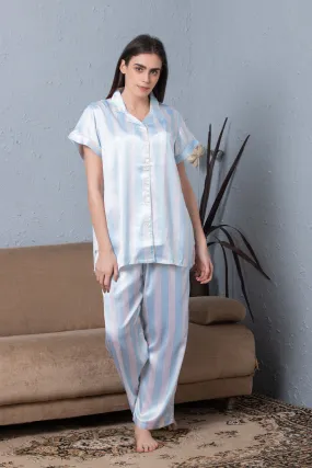 Stripe satin Classic collar Night suit Sky Blue