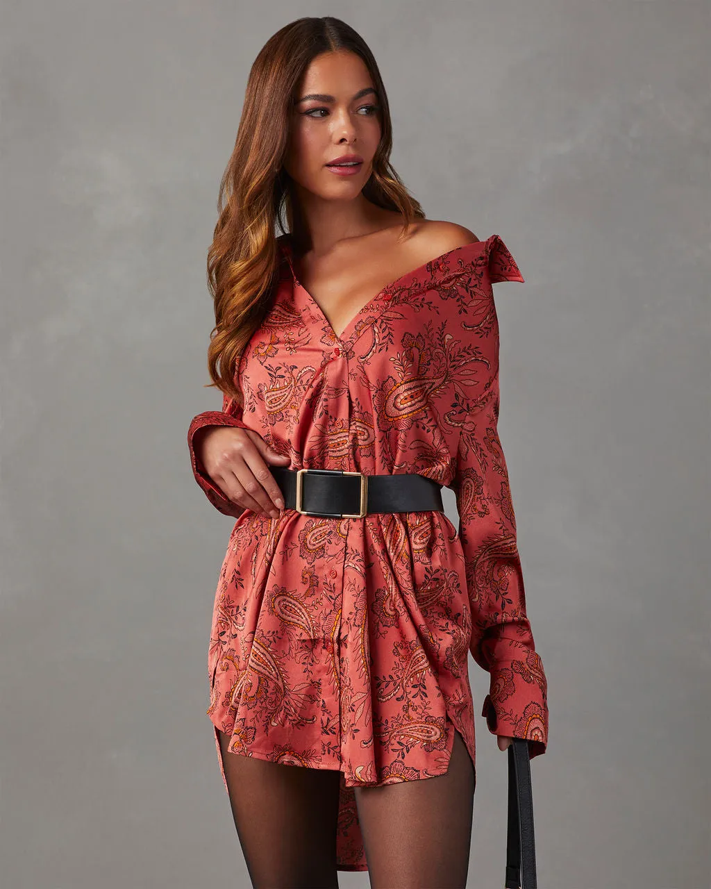 Style Era Satin Paisley Mini Shirt Dress