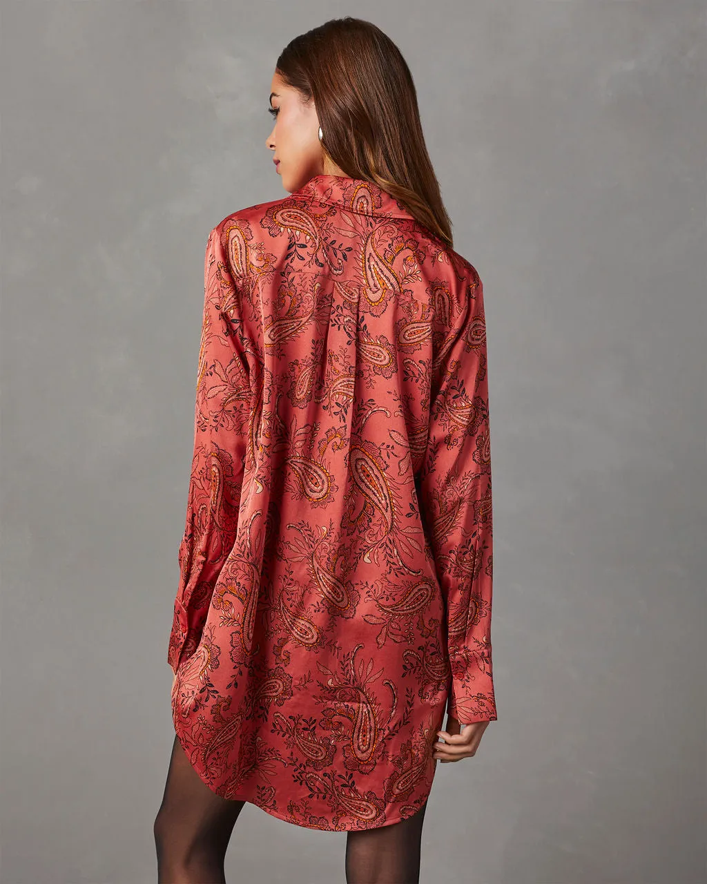 Style Era Satin Paisley Mini Shirt Dress