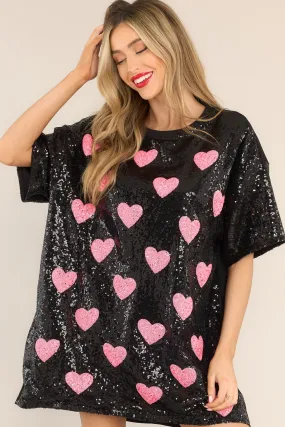 The Moment Black Sequin Heart Shirt Dress