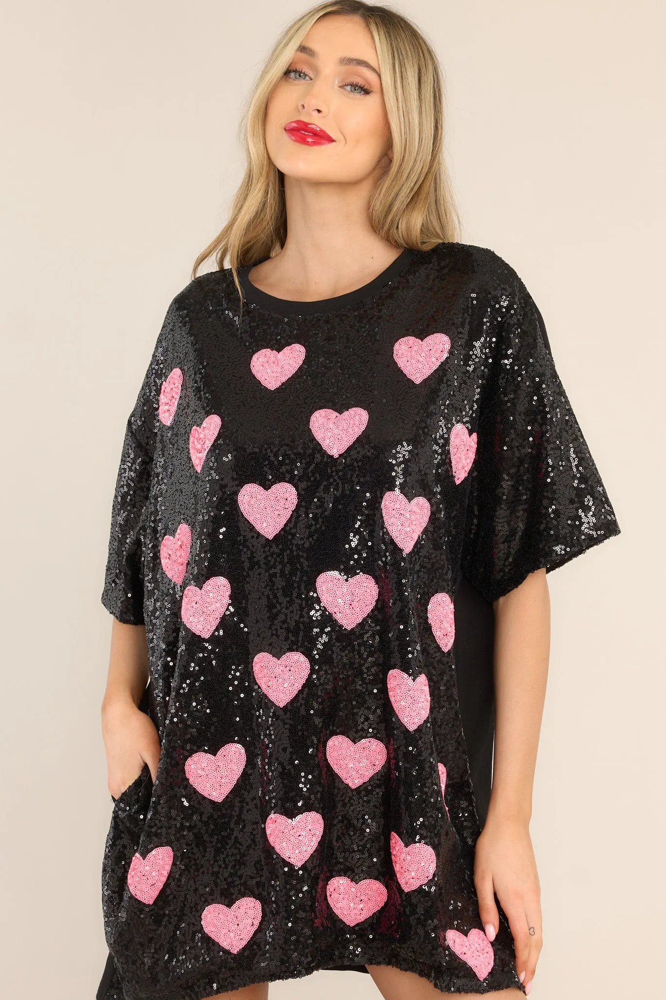 The Moment Black Sequin Heart Shirt Dress