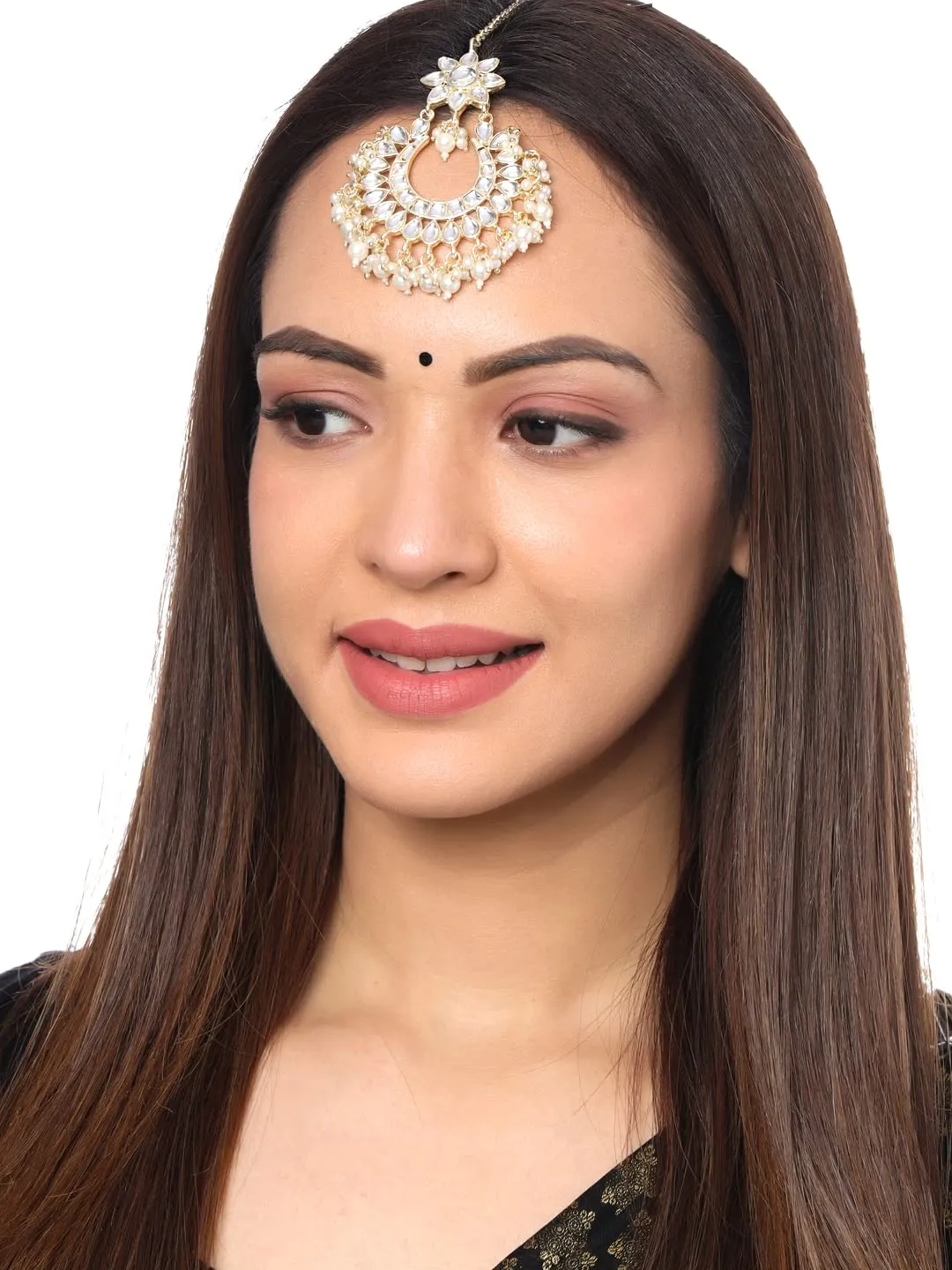 Yellow Chimes Maang Tikka for Women Gold Toned Kundan Studded Beads Drop Chandbali Designed Maang Tikka for Women and Girls